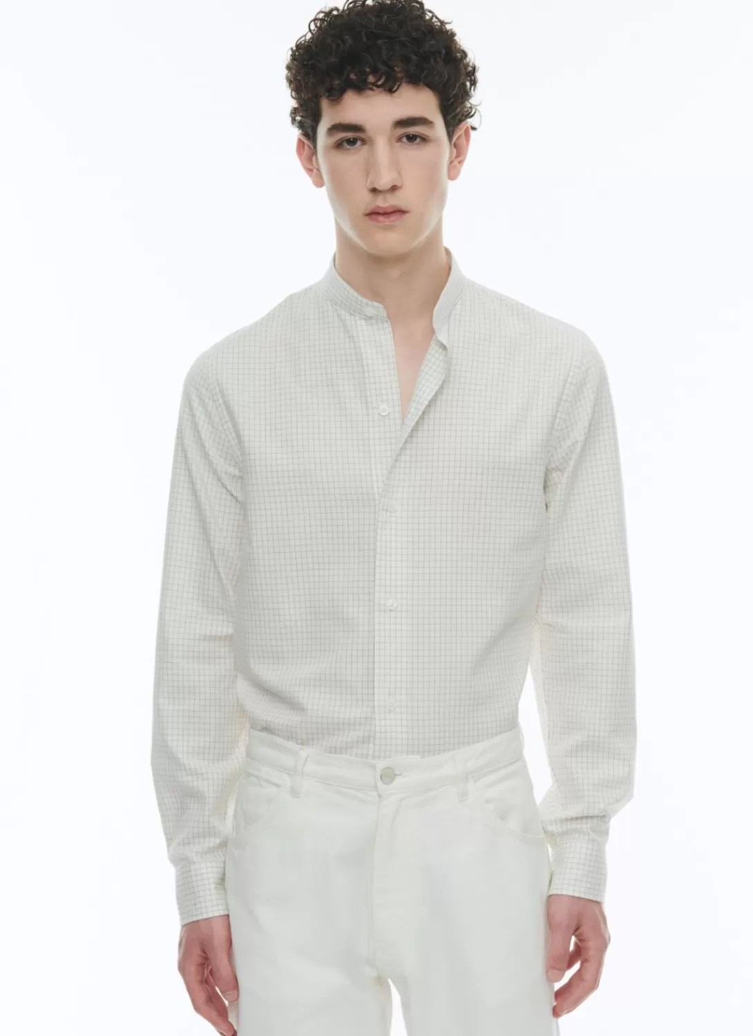 Fursac Brushed Cotton Shirt With Grandad Collar Ecru - Black Checks Best Sale