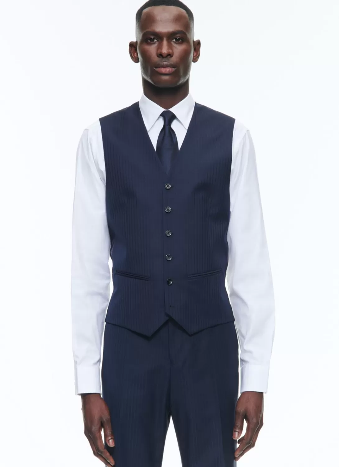 Fursac Certified Wool Suit Waistcoat Navy Blue - Tone On Tone Stripes Hot