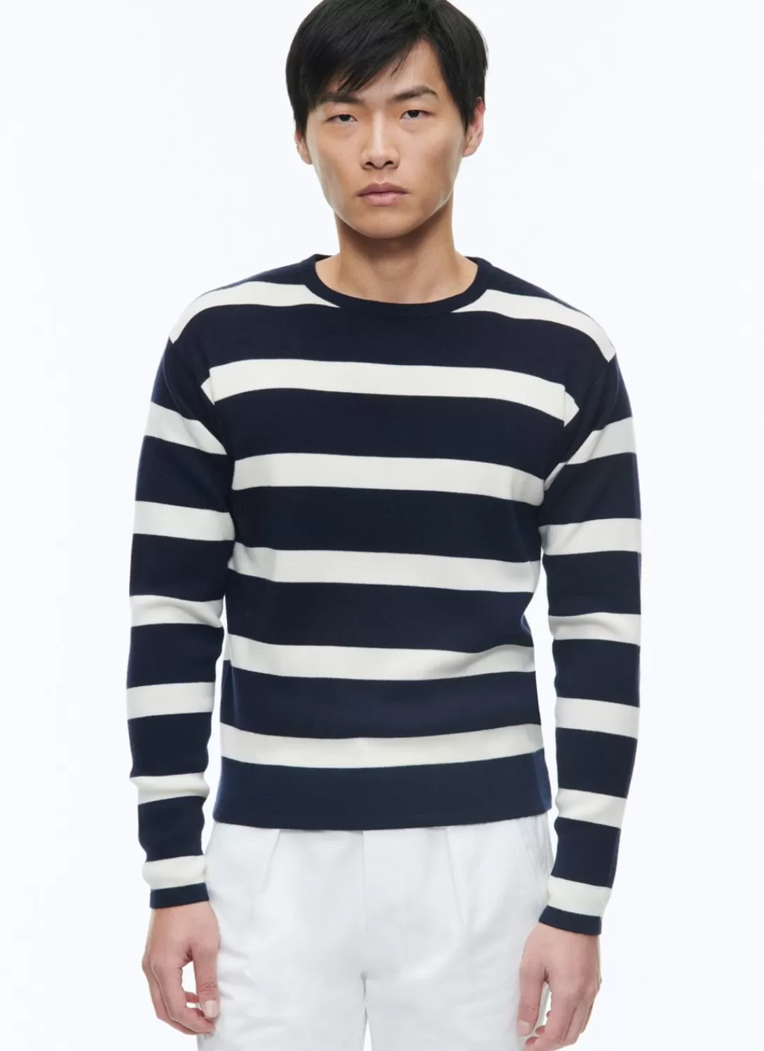 Fursac Certified Wool Sweater With Stripes Ecru And Navy Blue Stripes Hot
