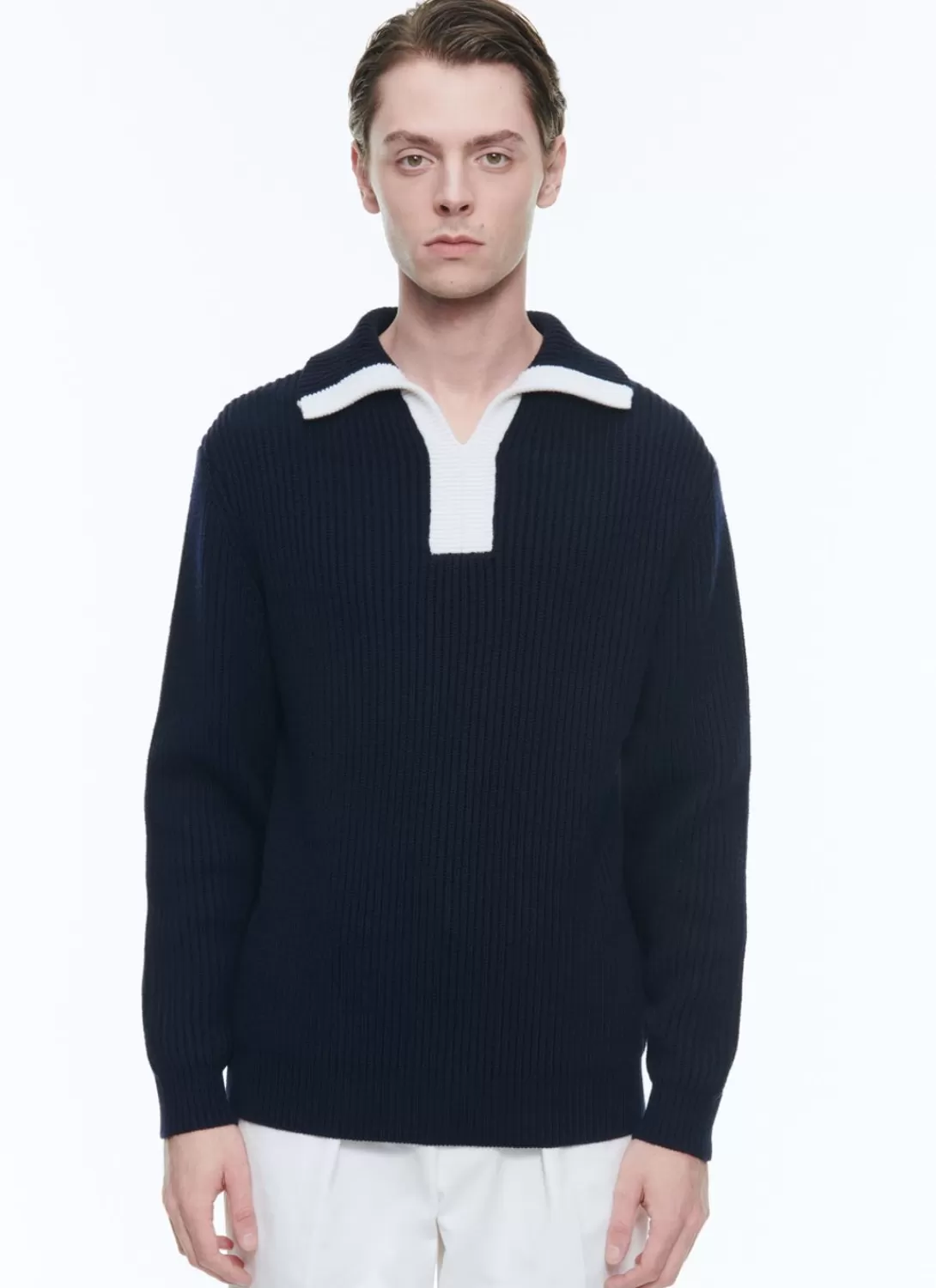 Fursac Cotton And Wool Zip-Neck Sweater Navy Blue - White Collar Best Sale