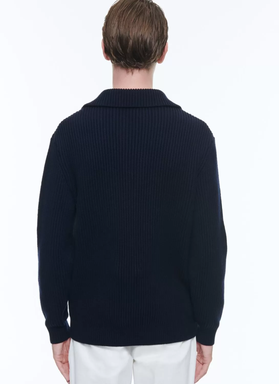 Fursac Cotton And Wool Zip-Neck Sweater Navy Blue - White Collar Best Sale