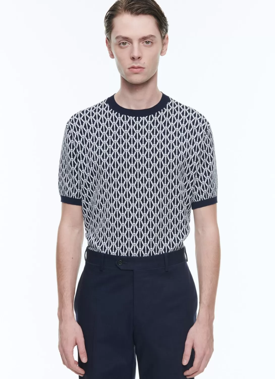 Fursac Cotton Mesh T-Shirt With Pattern Navy Blue - Ropes Pattern Cheap