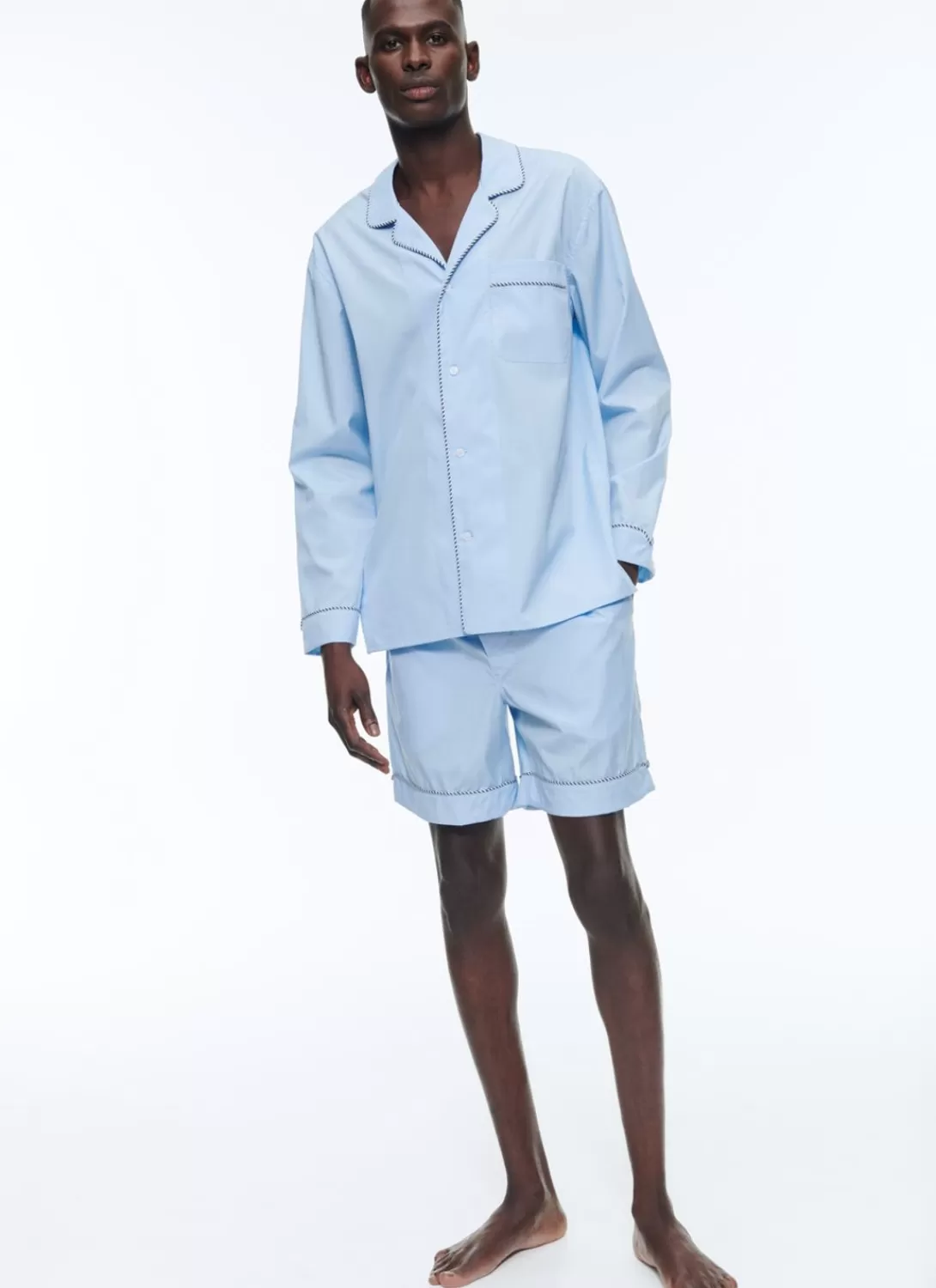 Fursac Cotton Poplin Pyjamas Sky Blue - Contrasting Piping Best Sale