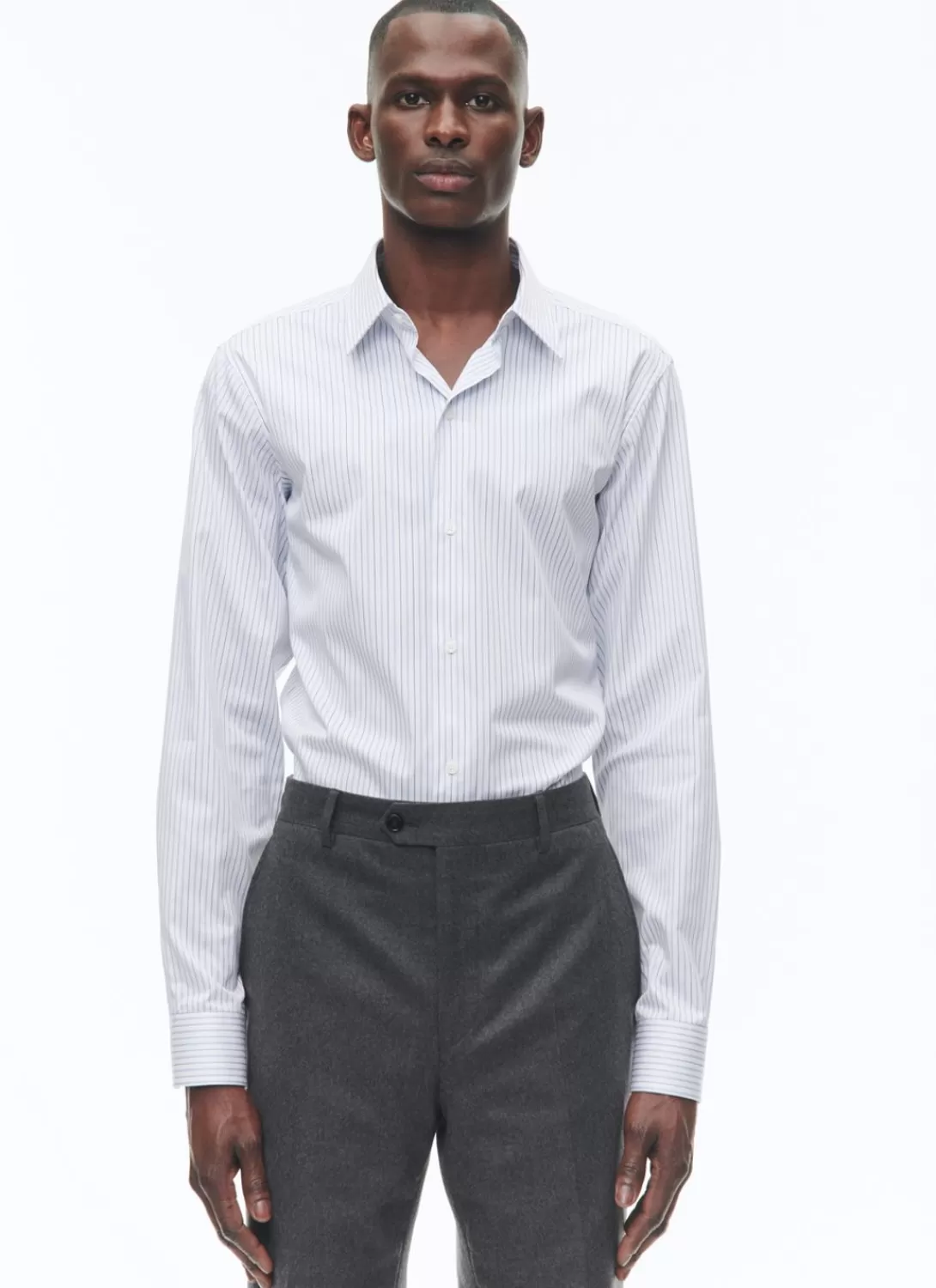 Fursac Cotton Shirt With Straight Collar White - Sky Blue And Black Irregular Stripes Shop