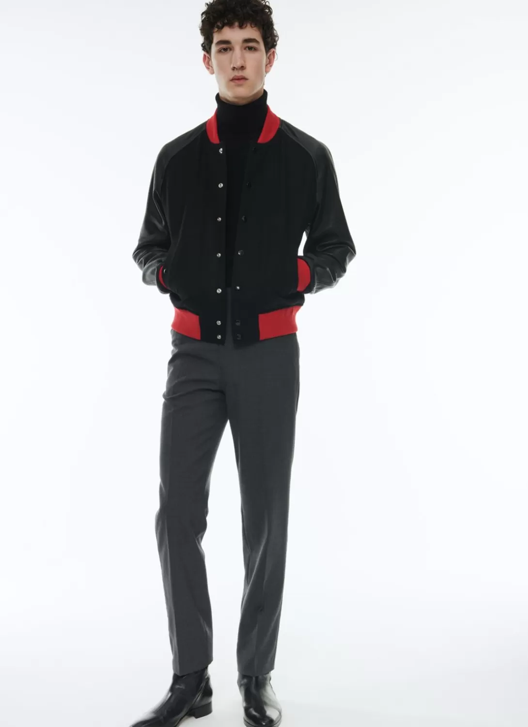 Fursac Lamb Leather And Wool Jacket Black - Red Ribbed Hems Sale