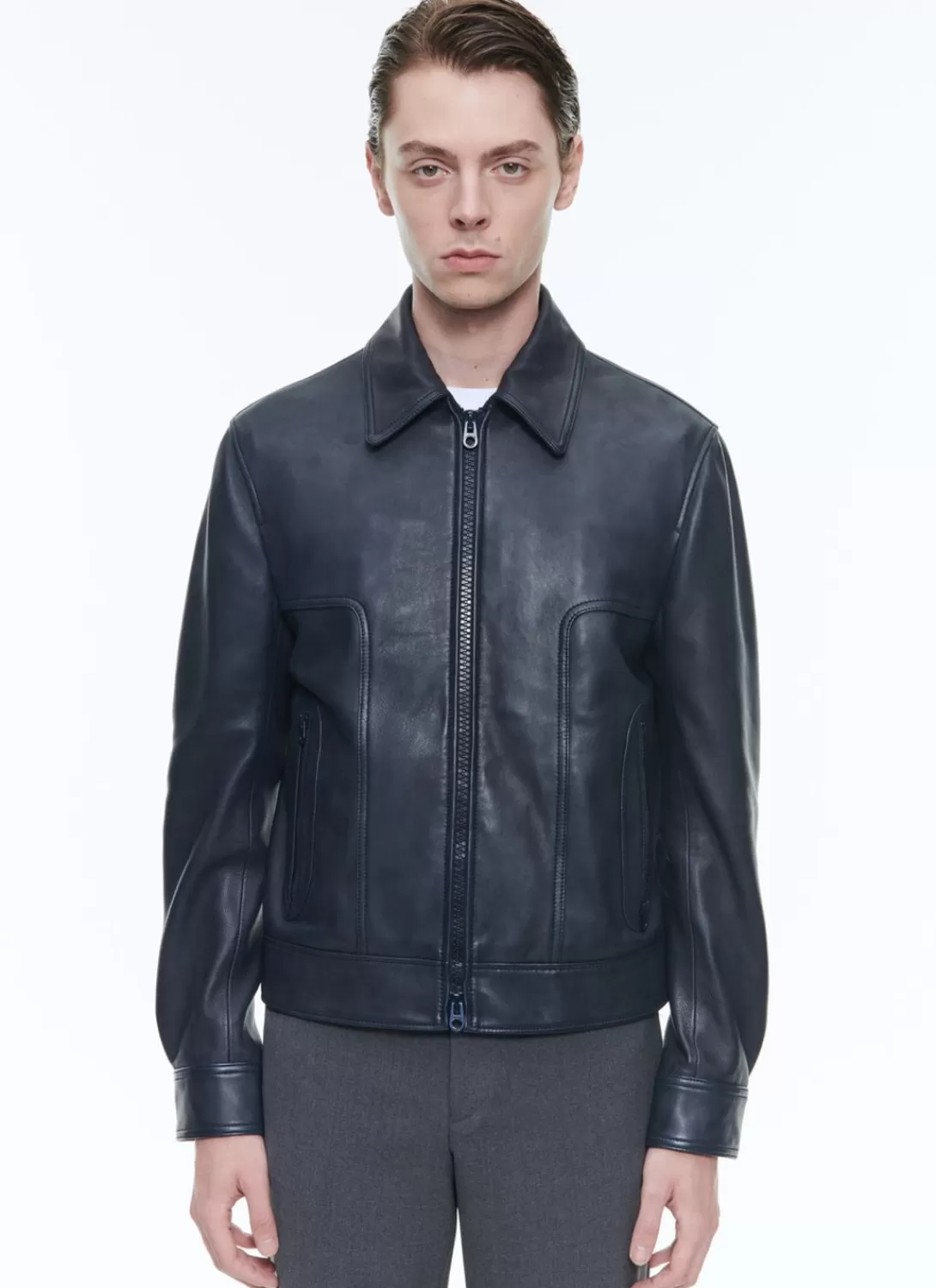 Fursac Lamb Leather Jacket Navy Blue New