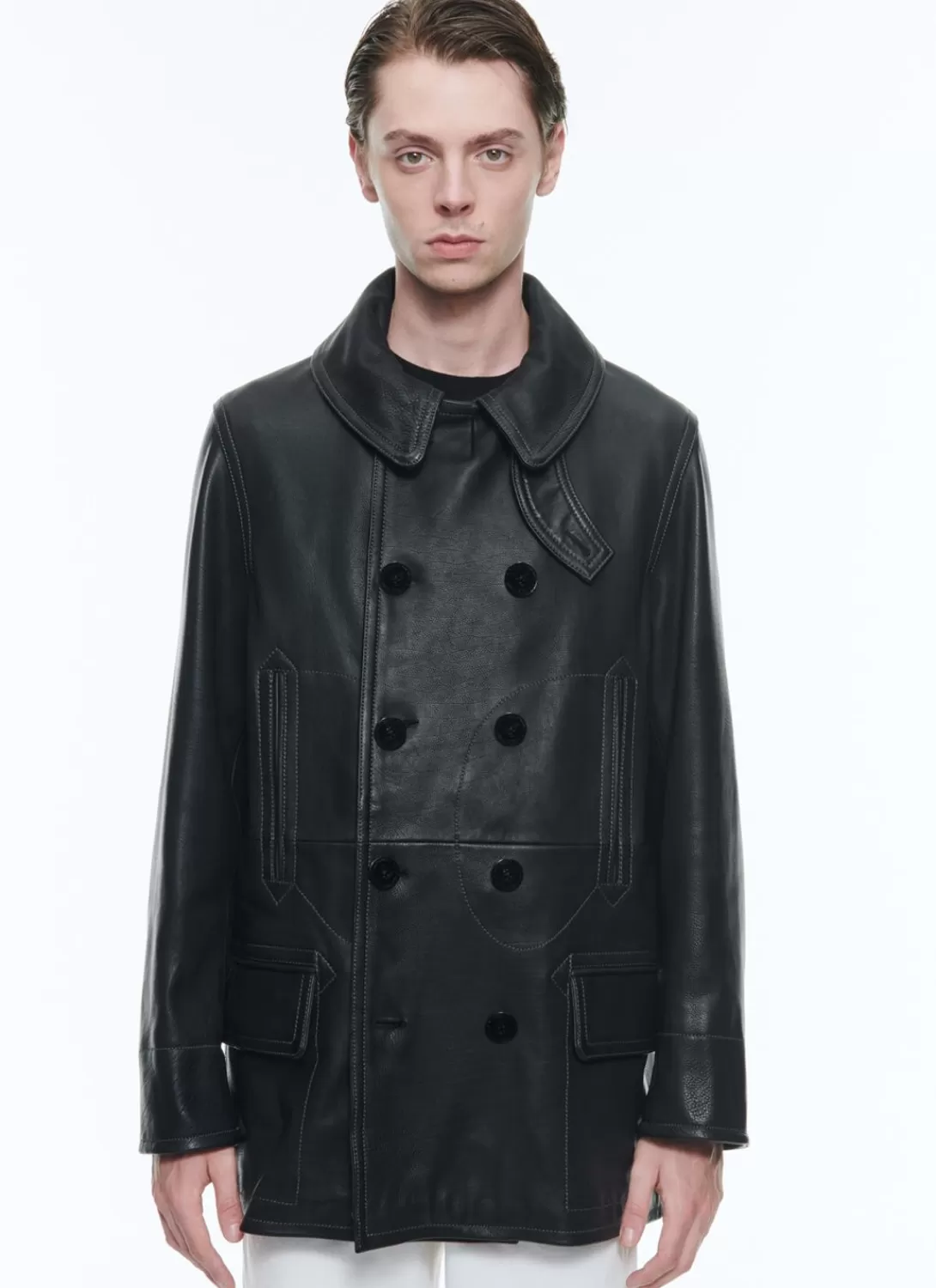 Fursac Leather Peacoat With Topstitching Black Best