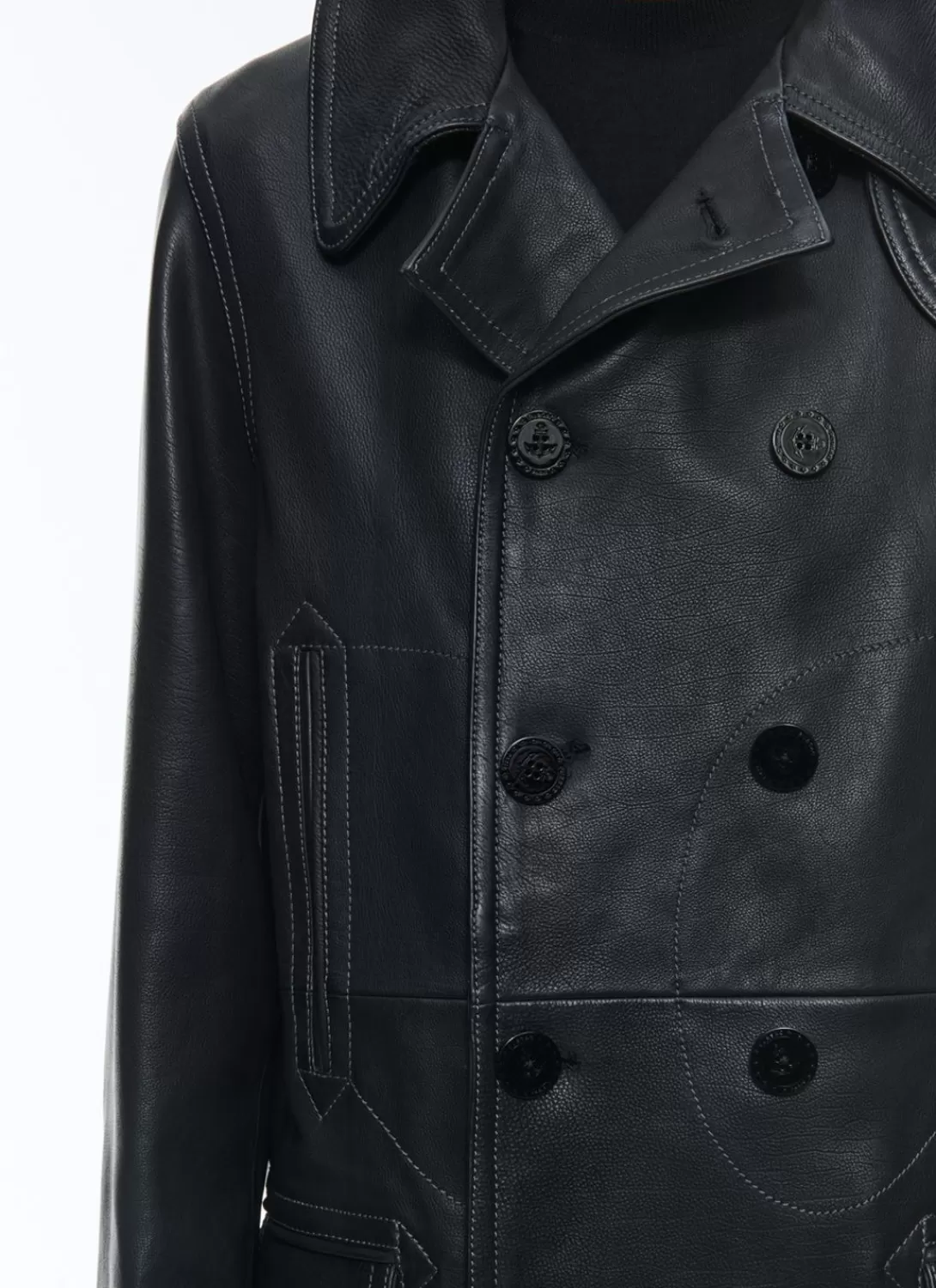 Fursac Leather Peacoat With Topstitching Black Best
