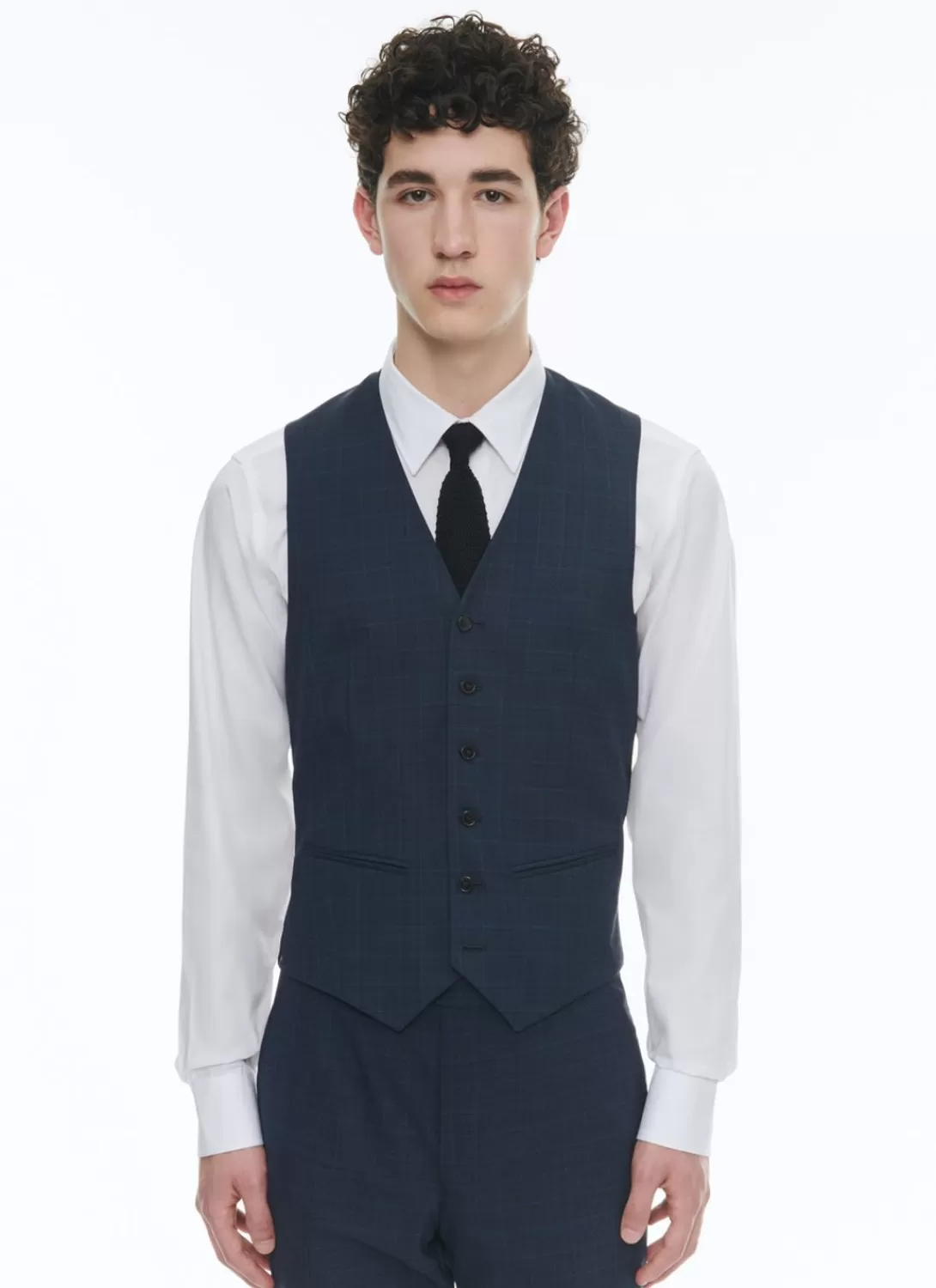 Fursac Prince Of Wales Wool Canvas Waistcoat Navy Blue - Prince Of Wales Pattern Hot
