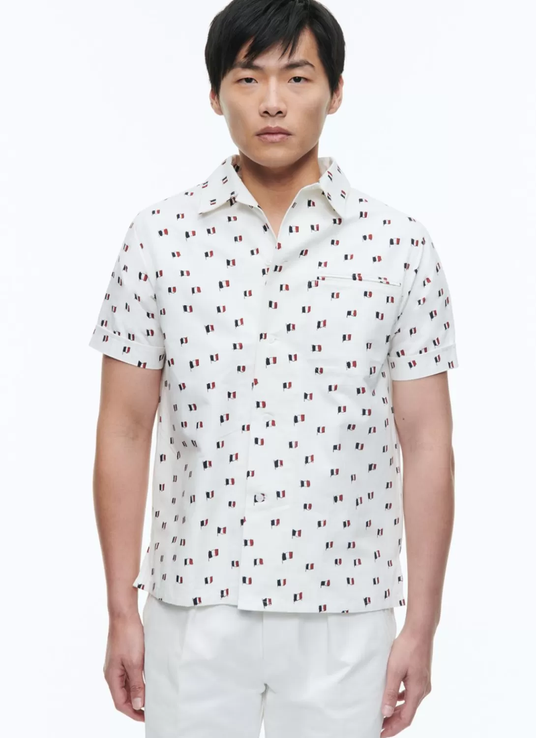 Fursac Printed Cotton Hawaiian Shirt Beige - French Flags Print Outlet