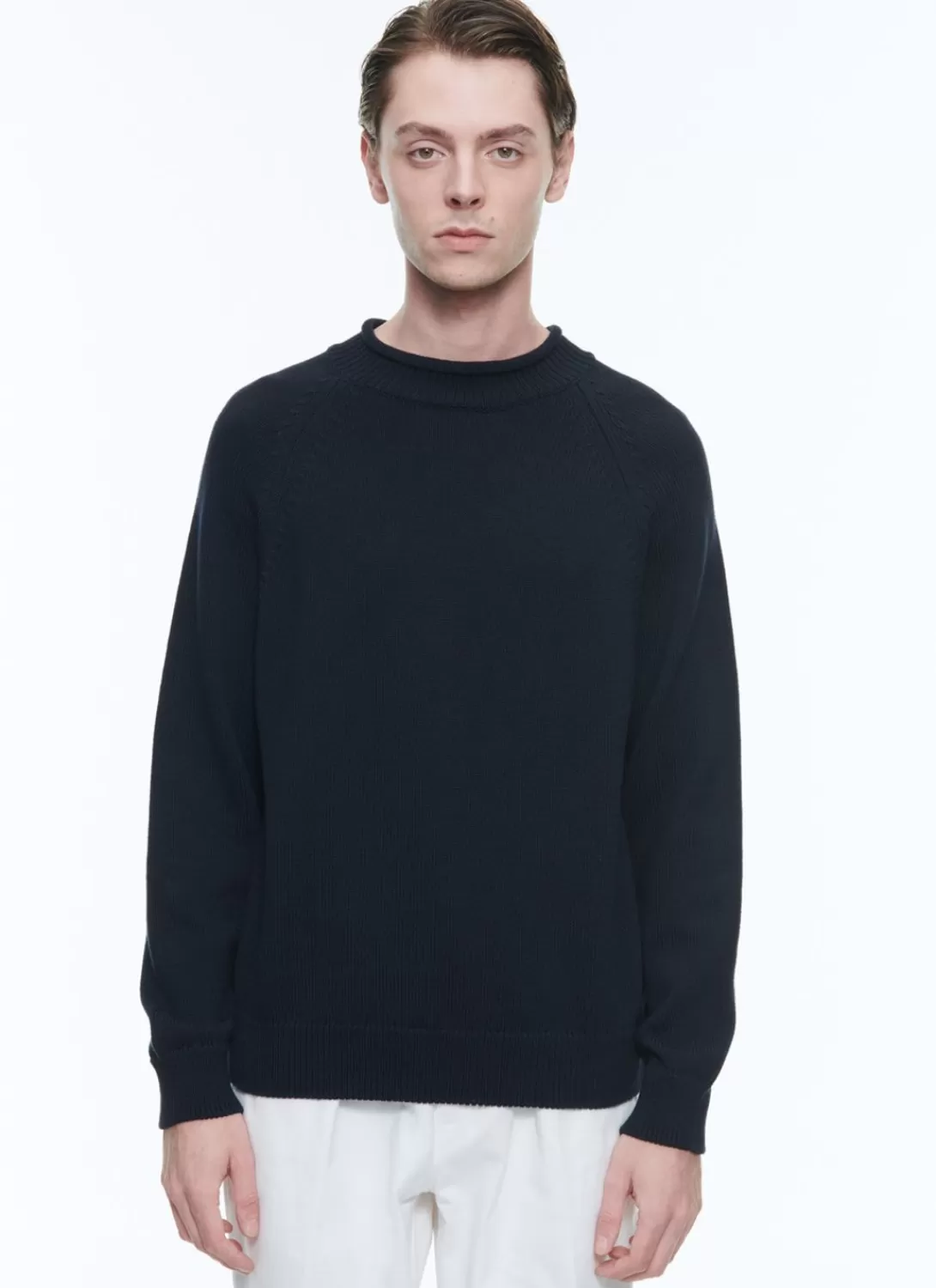 Fursac Rolled Hem Collar Cotton Sweater Navy Blue Store
