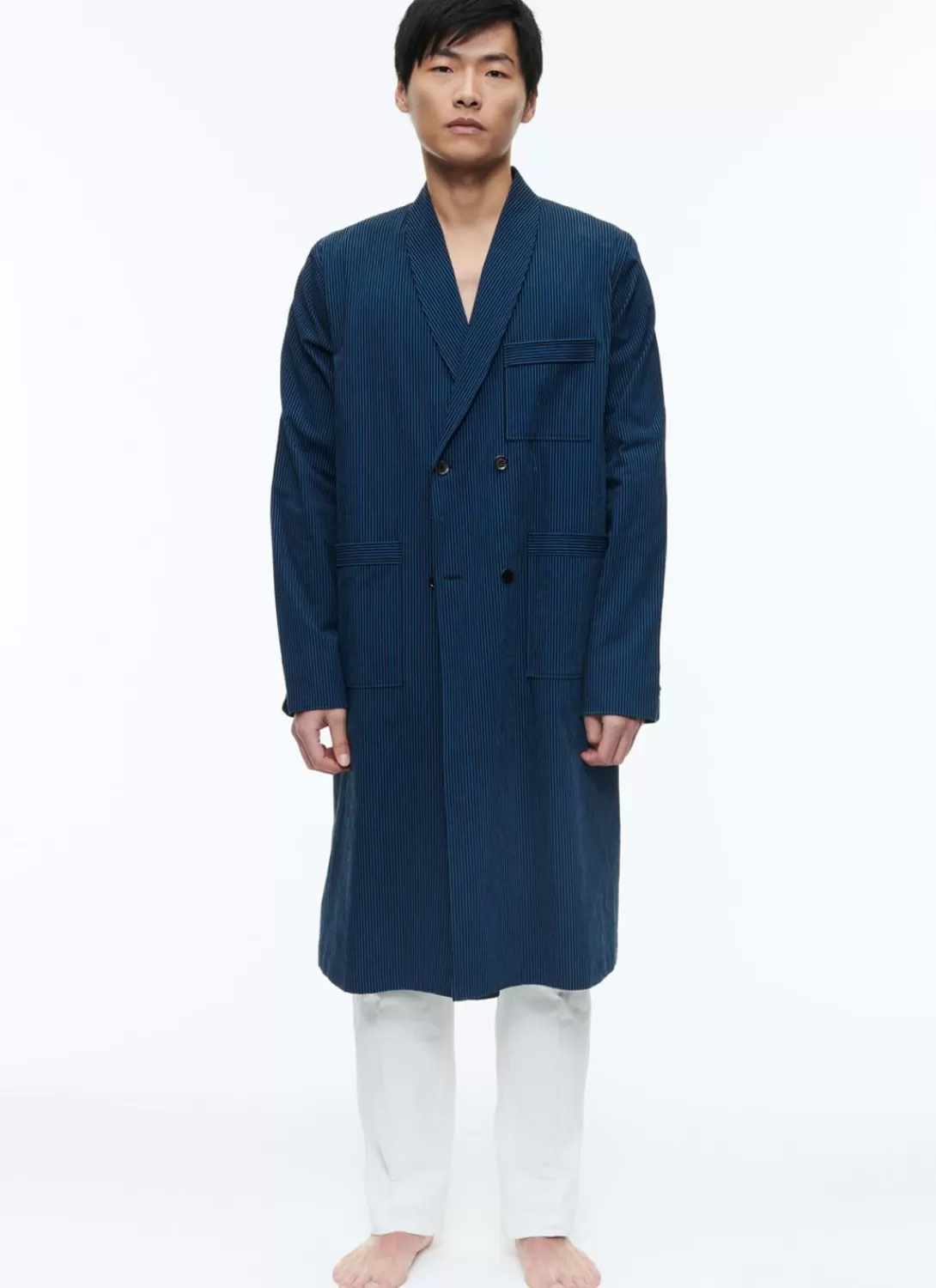 Fursac Seersucker Dressing Gown Shirt With Stripes Navy Blue - Navy Blue And Black Stripes Best