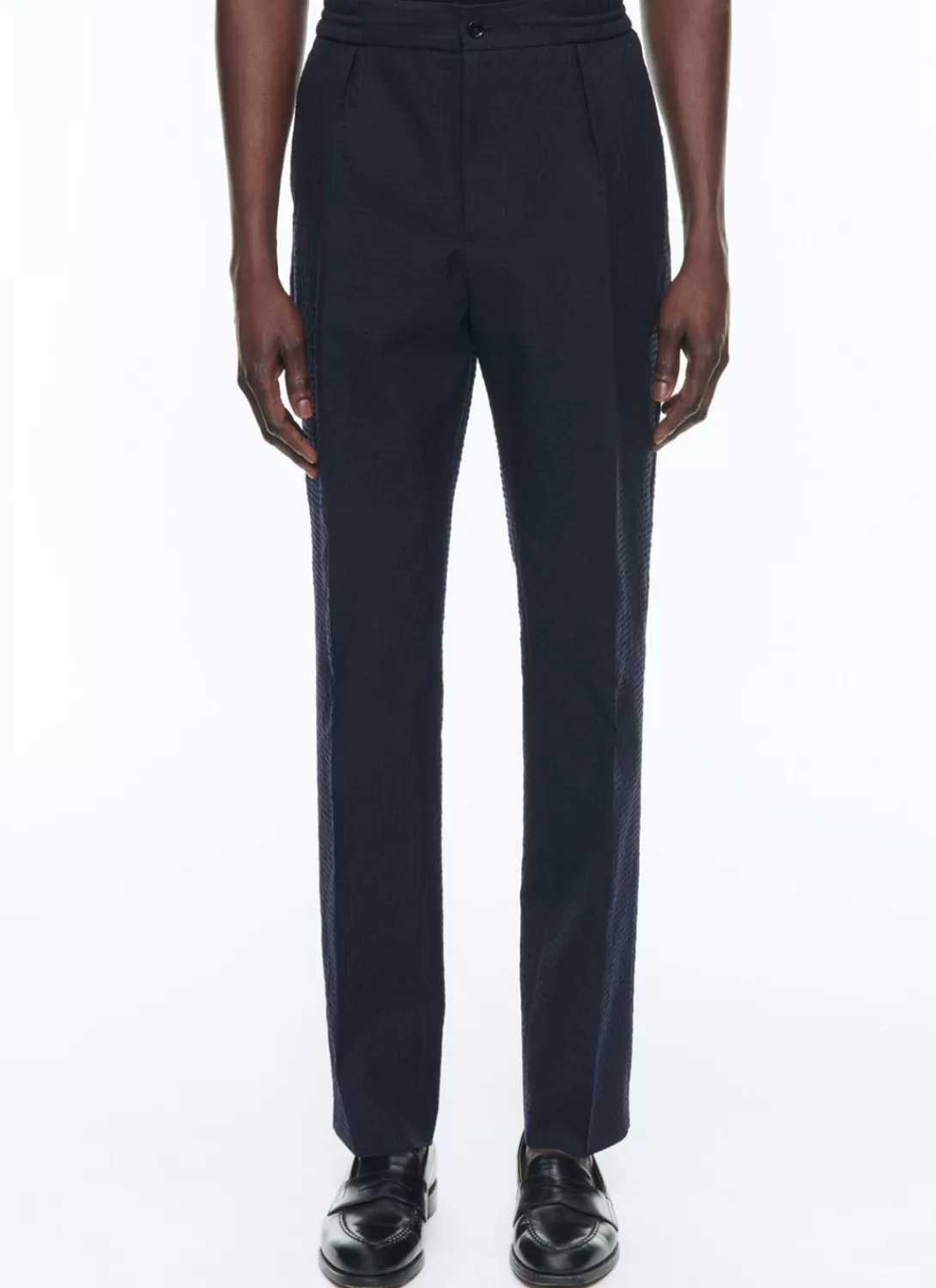 Fursac Seersucker Elasticated Trousers Navy Blue - Tone On Tone Gingham Pattern Discount