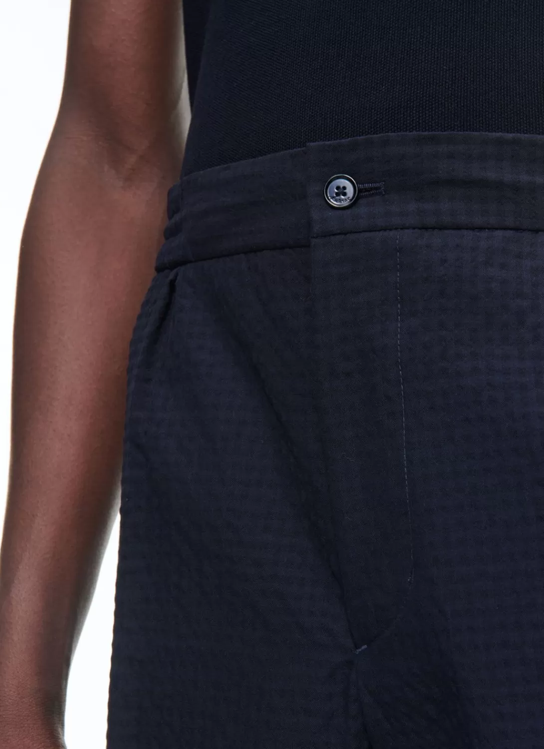 Fursac Seersucker Elasticated Trousers Navy Blue - Tone On Tone Gingham Pattern Discount