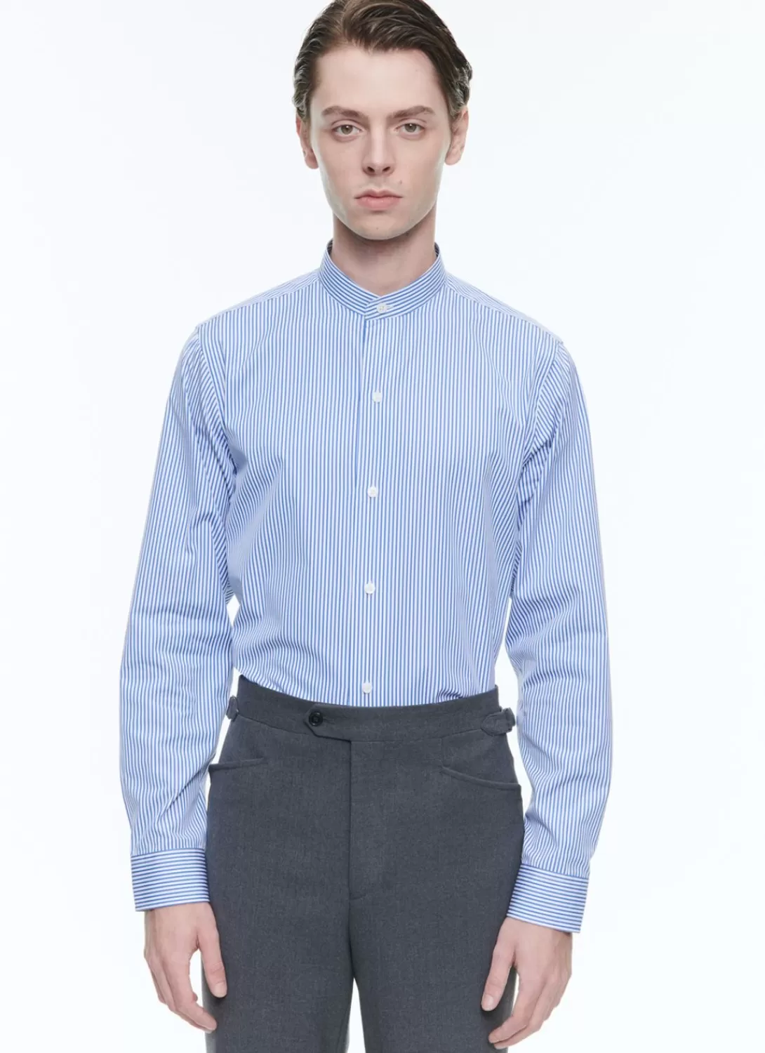 Fursac Striped Cotton Grandad Collar Shirt White - Blue Stripes Fashion