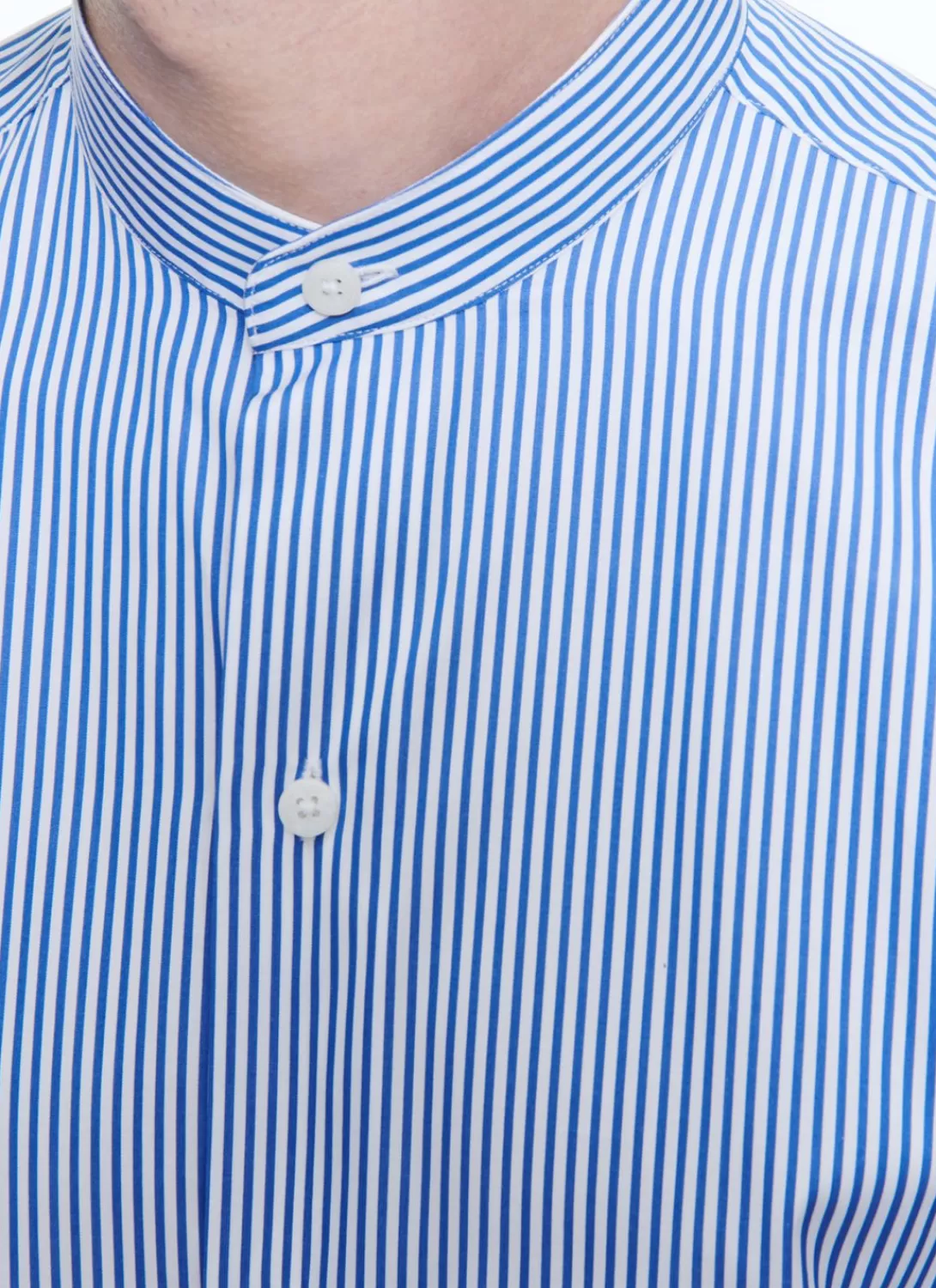 Fursac Striped Cotton Grandad Collar Shirt White - Blue Stripes Fashion