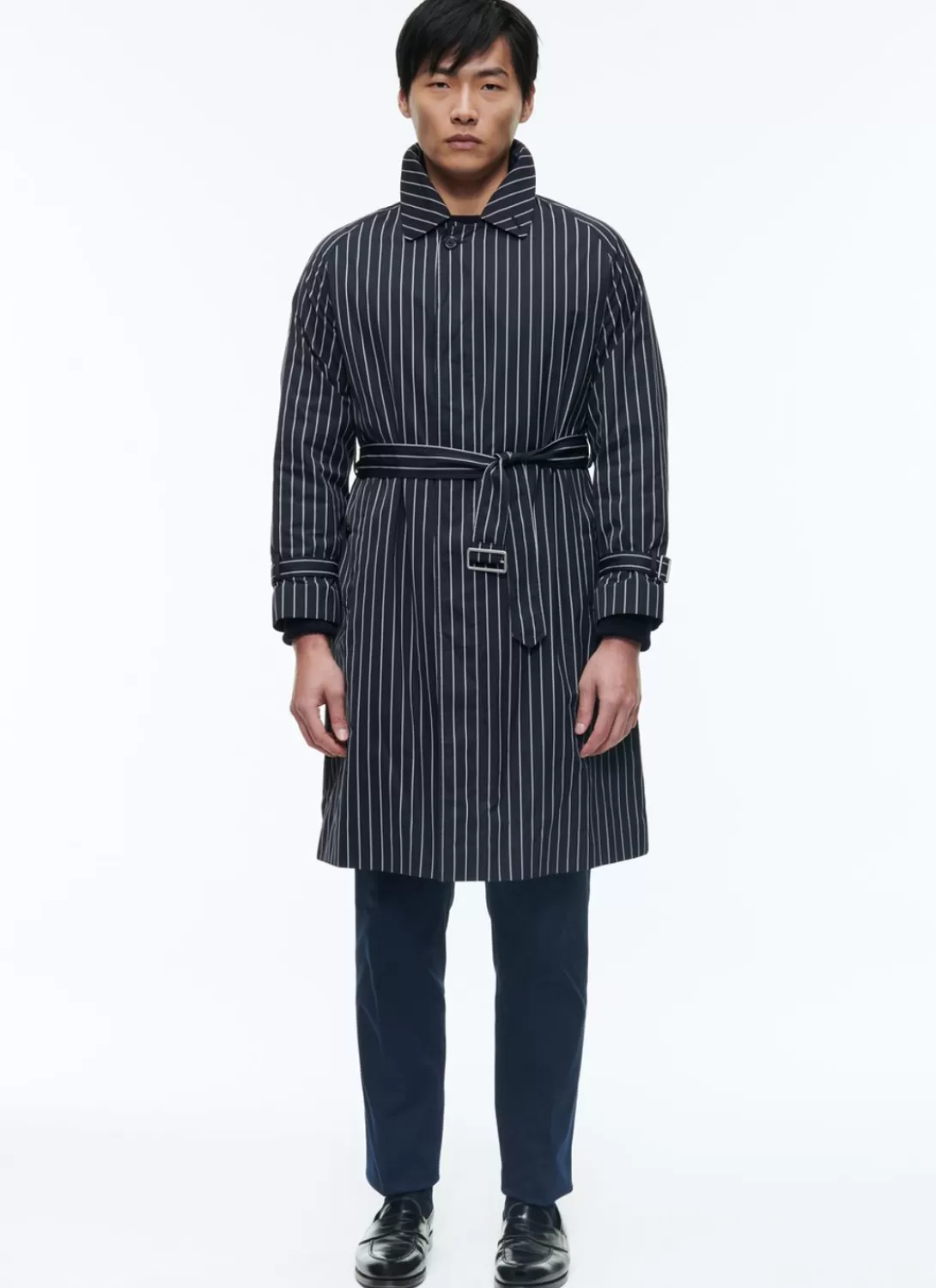 Fursac Striped Serge Long Coat With Belt Navy Blue - Vertical Contrasted Stripes Clearance