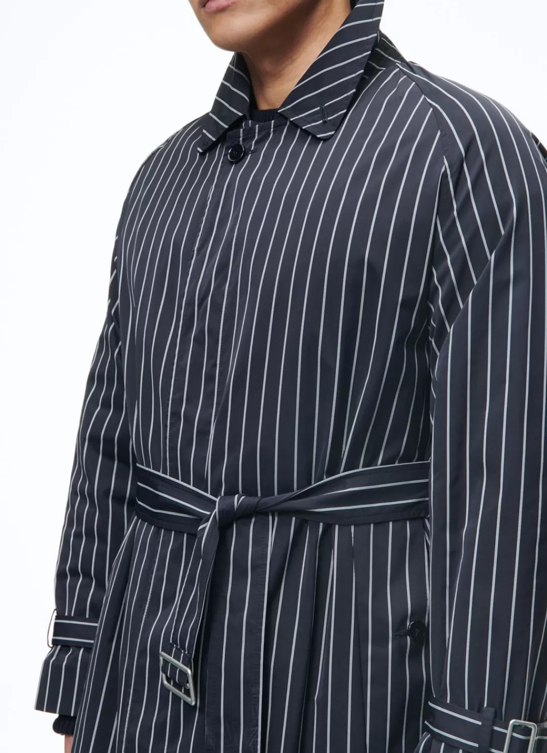 Fursac Striped Serge Long Coat With Belt Navy Blue - Vertical Contrasted Stripes Clearance