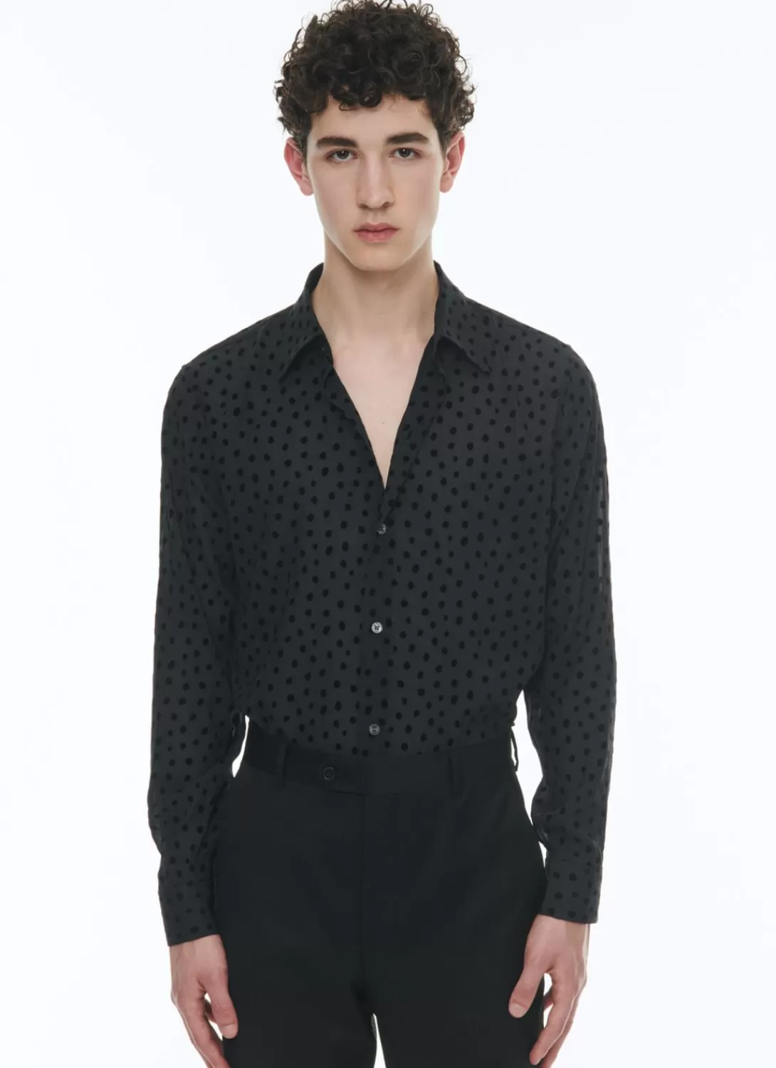 Fursac Velvet Polka Dots Shirt With A Swallow Collar Black Polka Dots Sale