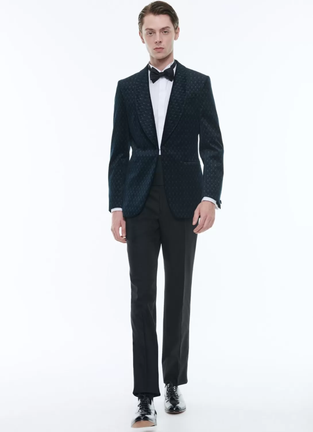 Fursac Velvet Shawl Collar Tuxedo Carbon Blue - Peacock Feather Pattern Cheap