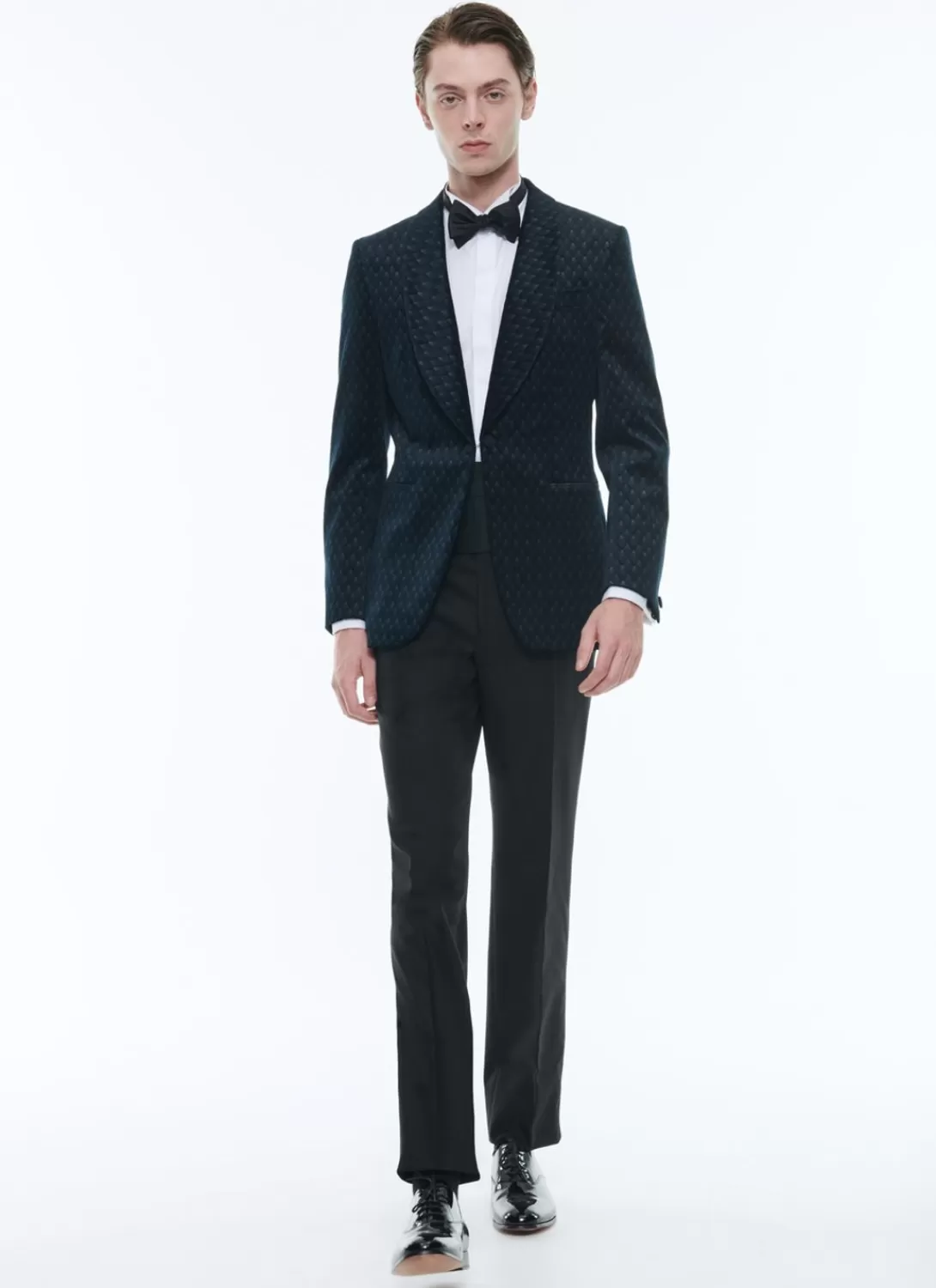 Fursac Velvet Shawl Collar Tuxedo Jacket Carbon Blue - Peacock Feather Pattern Best