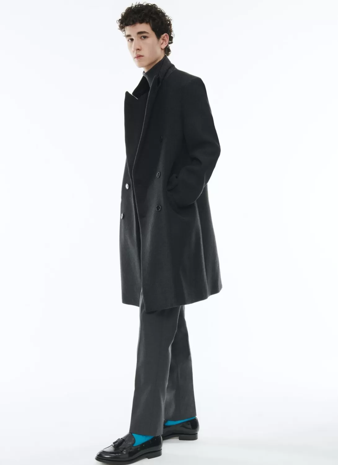 Fursac Virgin Wool Double-Breasted Coat Charcoal Grey Cheap