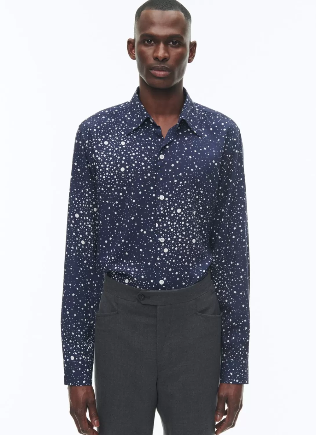 Fursac Viscose Shirt With Swallow Collar Navy Blue - Stars Print Cheap
