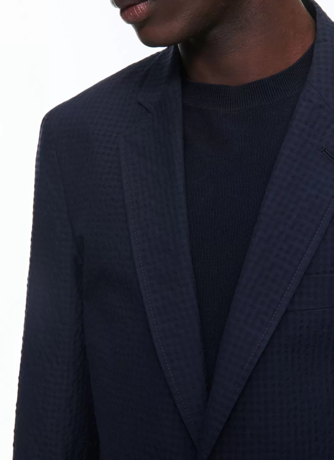 Fursac Wool And Cotton Seersucker Jacket Navy Blue - Tone On Tone Gingham Pattern Best