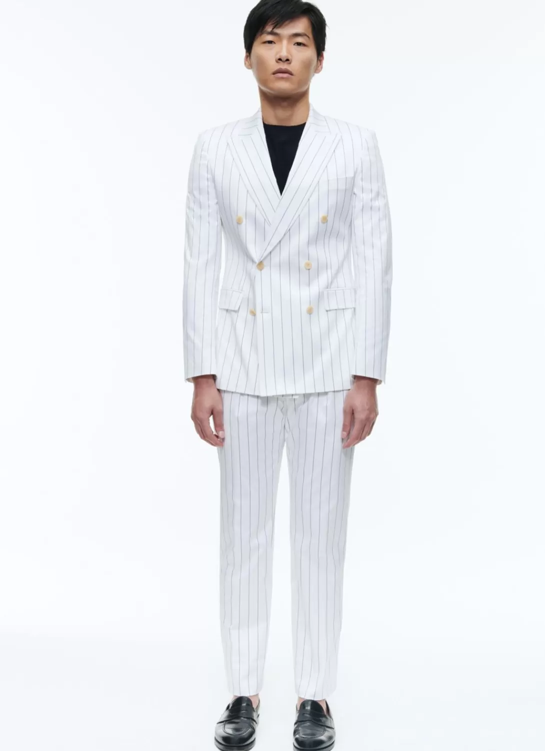 Fursac Wool Double-Breasted Striped Suit White - Navy Blue Stripes Cheap