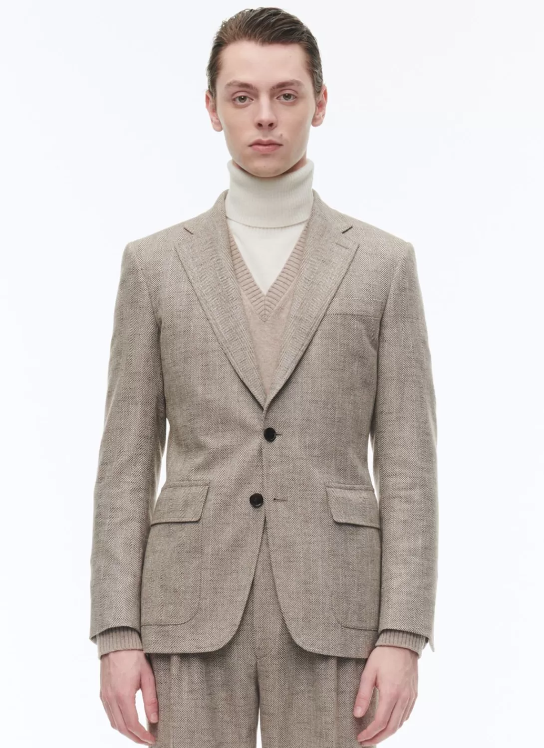 Fursac Wool Fitted Jacket With Herringbone String-Like Beige - Herringbone Pattern Sale