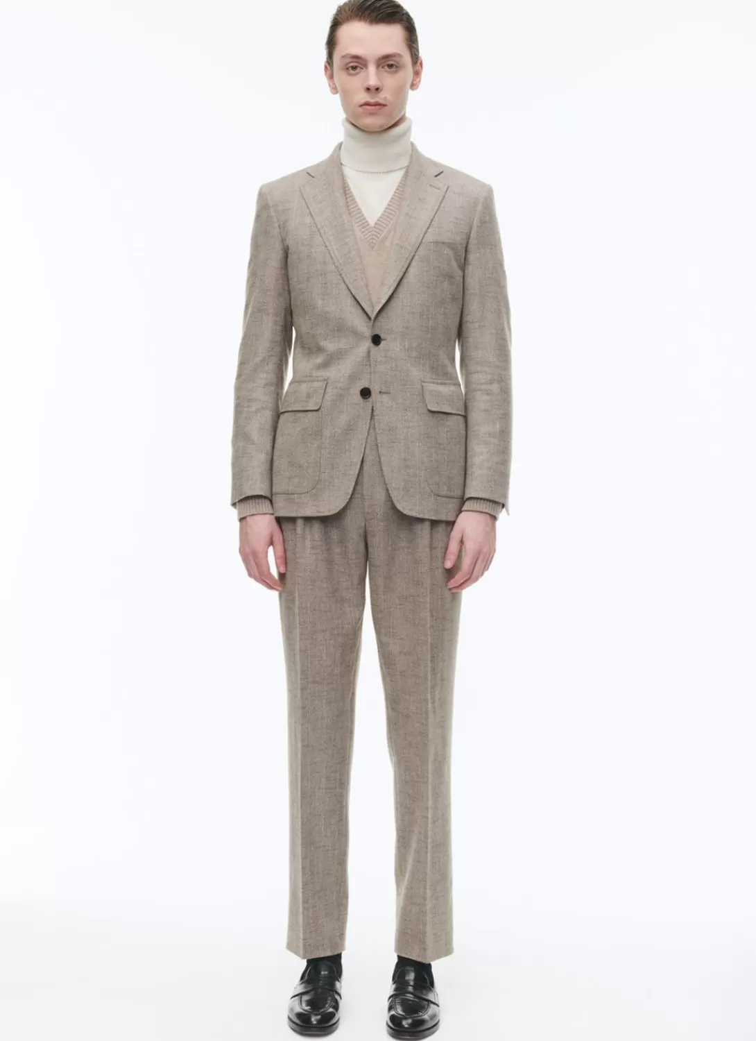 Fursac Wool Fitted Suit With Herringbone String-Like Beige - Herringbone Pattern Best Sale
