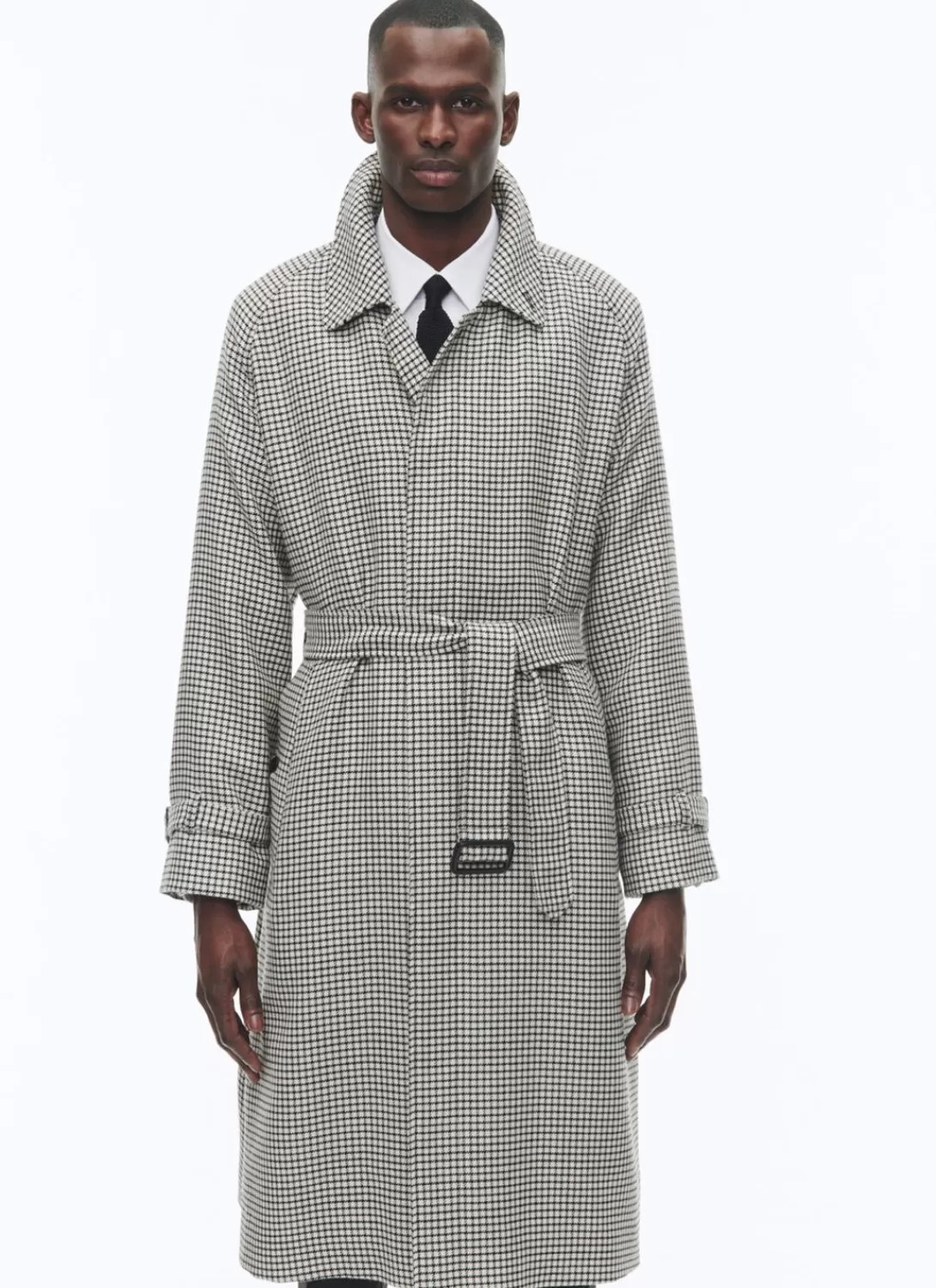 Fursac Wool Long Coat With Belt Ecru - Black Checks Flash Sale