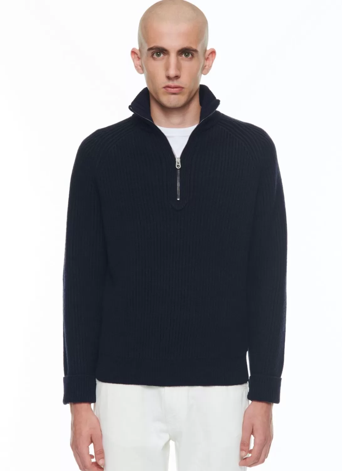 Fursac Wool Ribbed Sweater With Zipped-Rollneck Navy Blue Best Sale