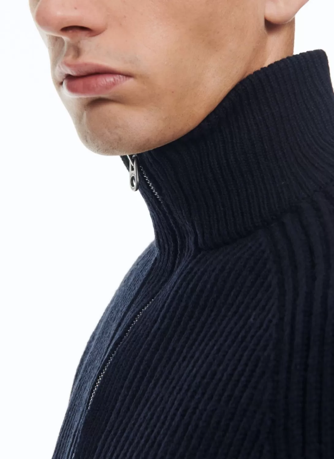 Fursac Wool Ribbed Sweater With Zipped-Rollneck Navy Blue Best Sale