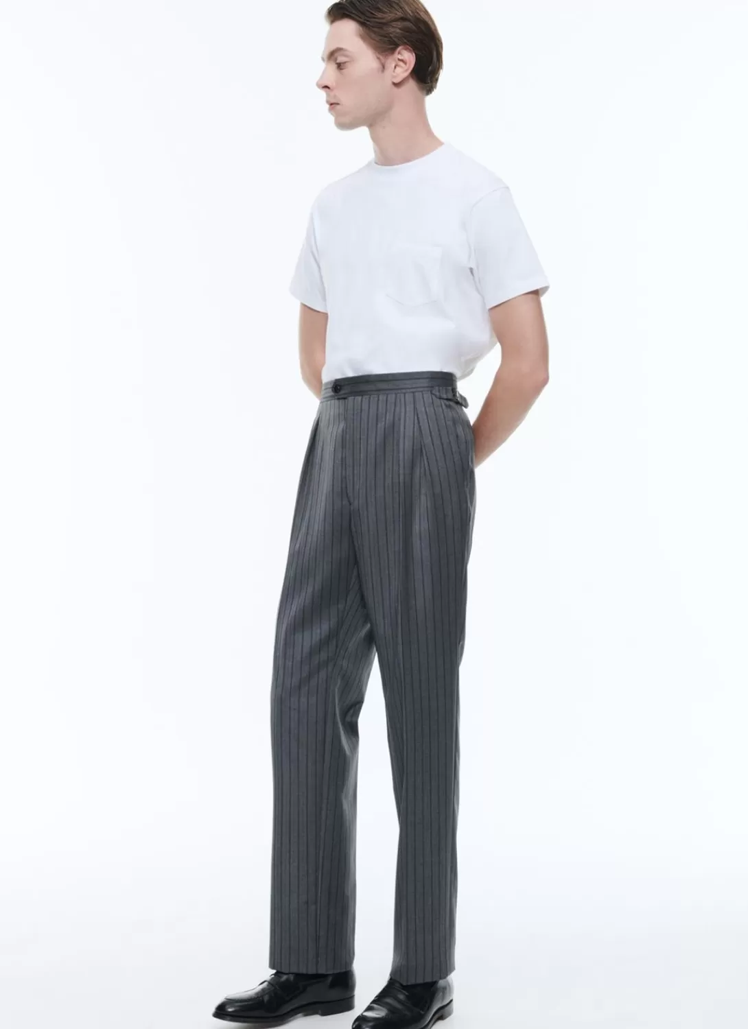 Fursac Wool Twill Striped Pleated Trousers Ash Grey Sale