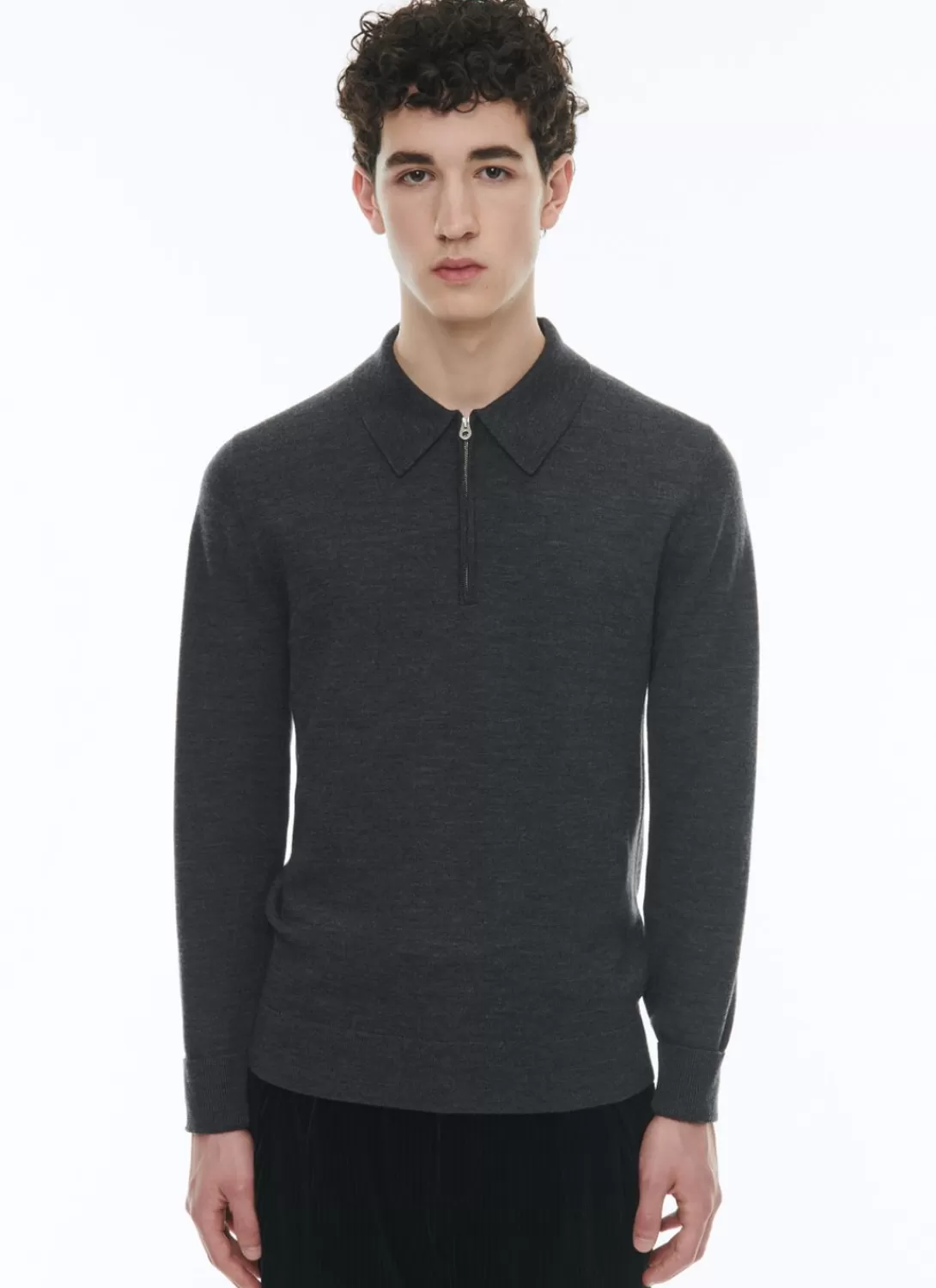 Fursac Wool Zipped Collar Polo Sweater Dark Flecked Grey Fashion