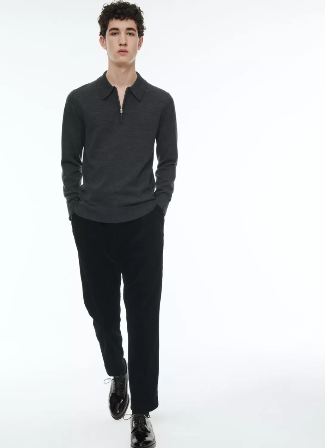 Fursac Wool Zipped Collar Polo Sweater Dark Flecked Grey Fashion
