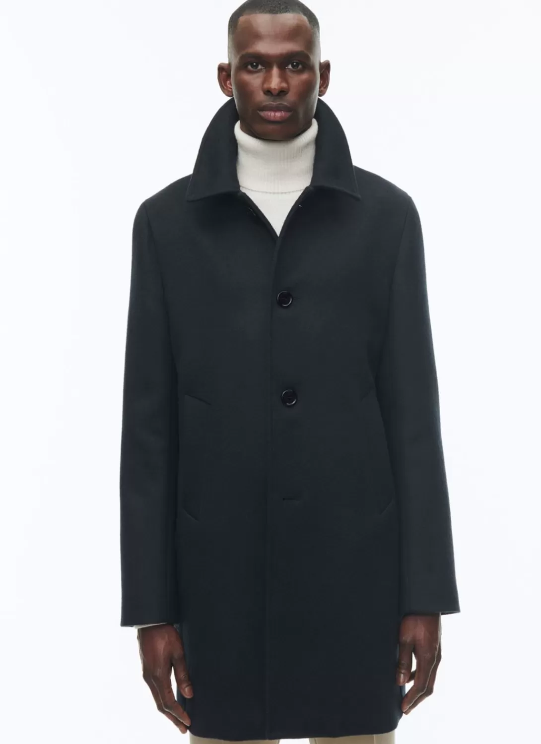 Fursac Woolen Cloth Coat With Officer Collar Navy Blue Best Sale