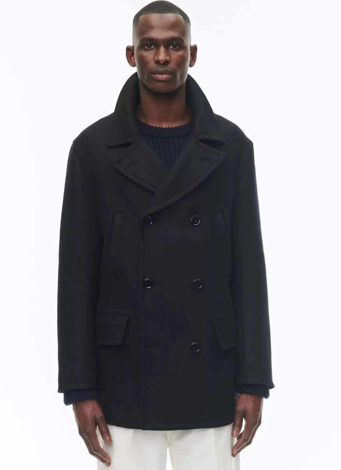 Fursac Woolen Cloth Pea Coat Navy Blue New
